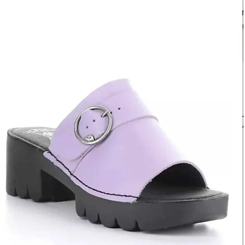 Fly London Leather chunky heels sandals, Eple Violet, Size 40